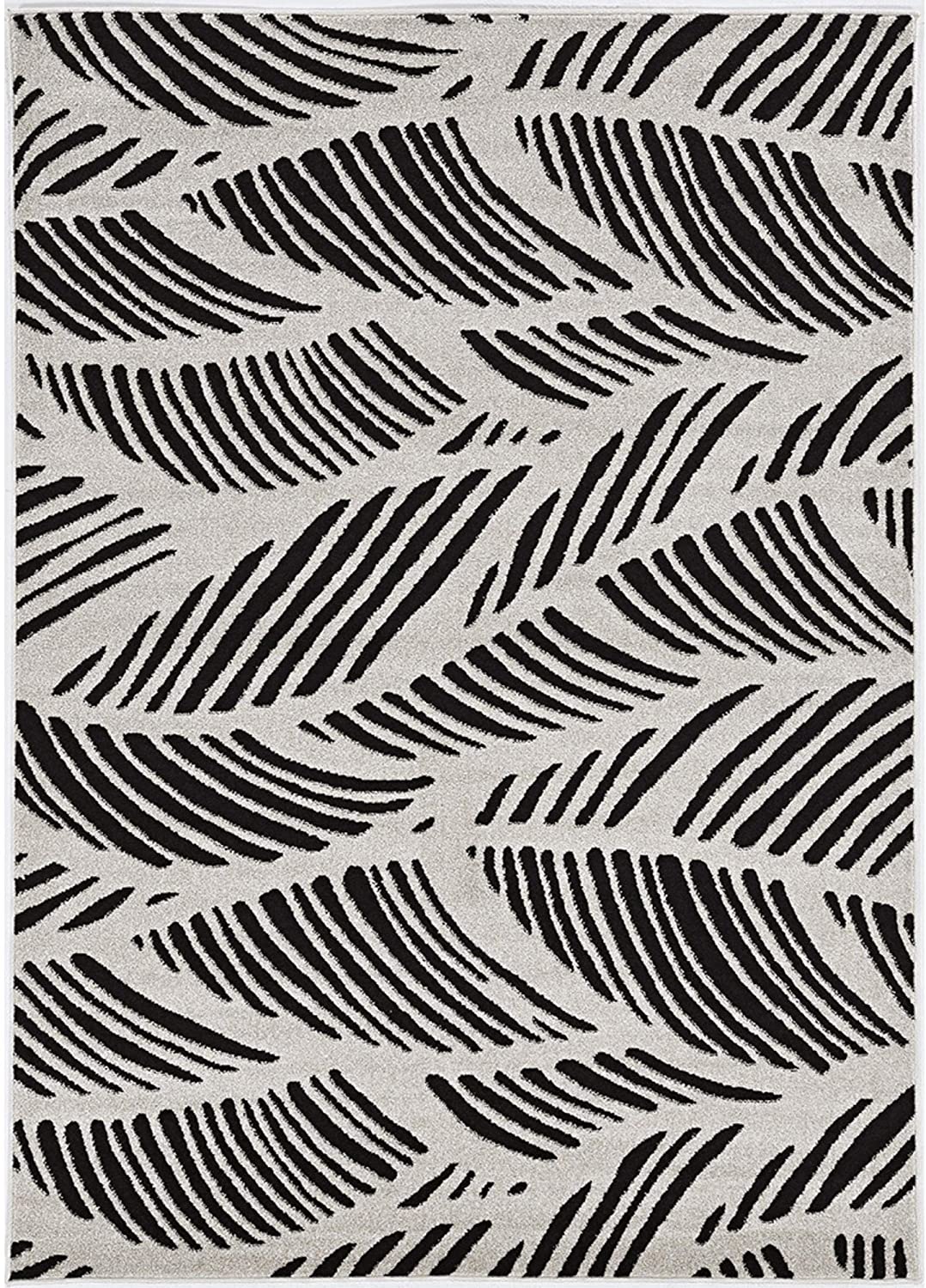 8'x11' Black White Machine Woven UV Treated Tropical Palm Leaves Indoor Outdoor Area Rug-0