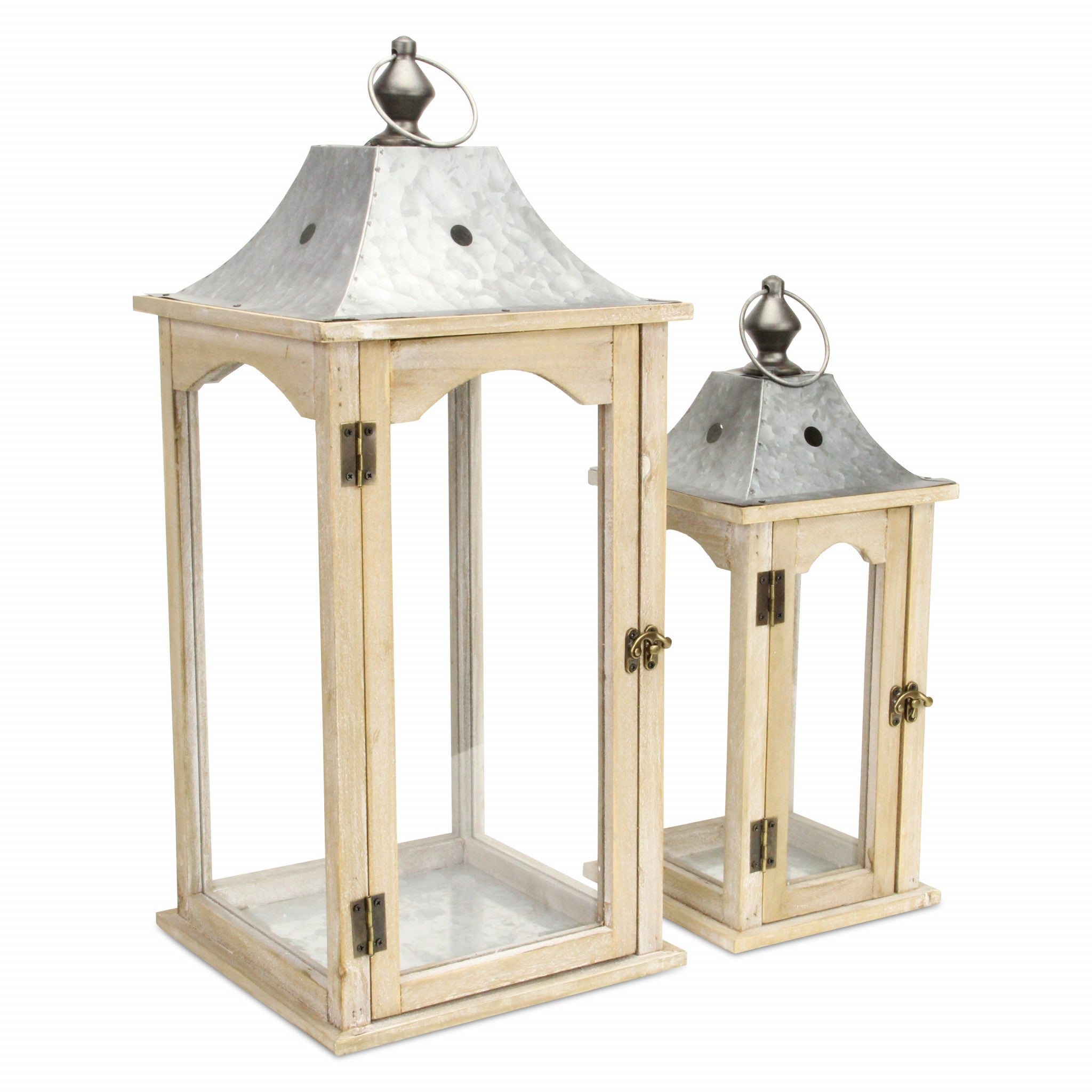 Set of 2 Brown Wood finished Frame Glass and Metal Top Lanterns-0