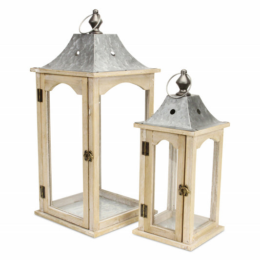 Set of 2 Brown Wood finished Frame Glass and Metal Top Lanterns-1